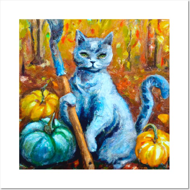 Blue Cat is Tending to the Pumpkin Harvest Wall Art by Star Scrunch